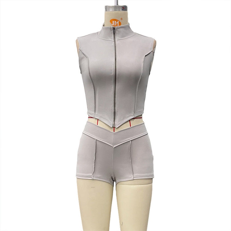 Cross-border spring and summer new European and American women's solid color lapel zipper slim crop top high waist tight shorts set