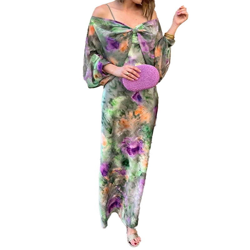 2026 spring new European and beautiful clothing temperament sexy one-shoulder tie-dye printed suspender shawl fashion suit for women