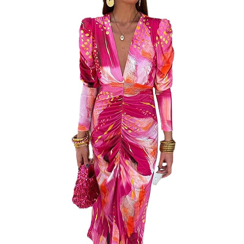 2026 spring-spring cross-border Amazon European and beautiful clothing temperament elegant and fashionable V-neck pleated waist dress