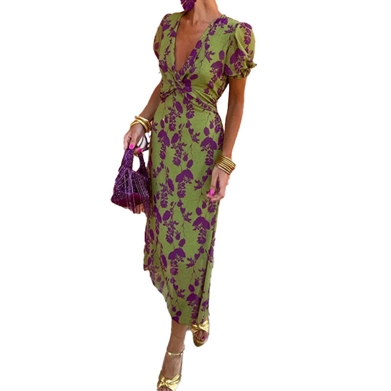 European and American cross-border women's clothing 2026 new temperament fashion printed V-neck pleated waist slim fit European and American dress women