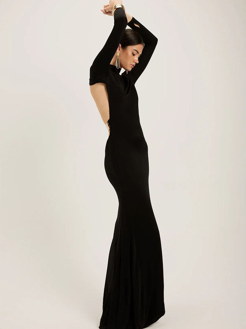 Foreign trade autumn and winter new European and beautiful women's clothing solid color high neck long sleeve sexy open back metal belt hip wrap dress for women