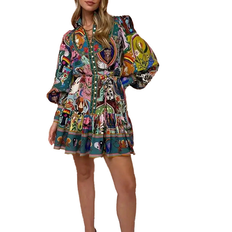 Spring 2026 New Cross-border European Women's Printed Crew Neck Cinched Waist Lace-up Pleated Ruffled Vintage Dress