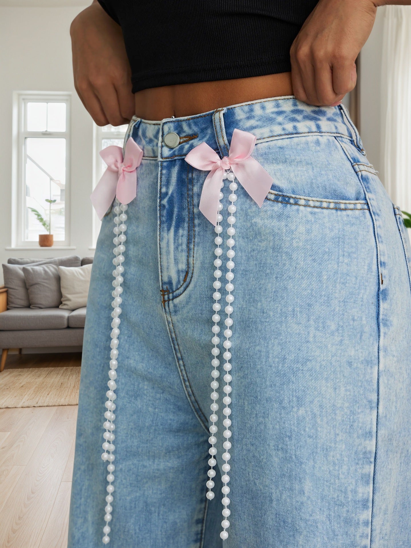 Cross-border exclusive to Europe, America and North America fashion new snowflake wash bow decoration wide-leg jeans JEANS