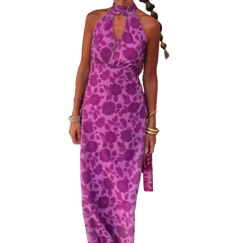 Spring 2026 New European and American Clothing Elegant Printed Halterneck Hollow Sleeveless Slim Dress 661