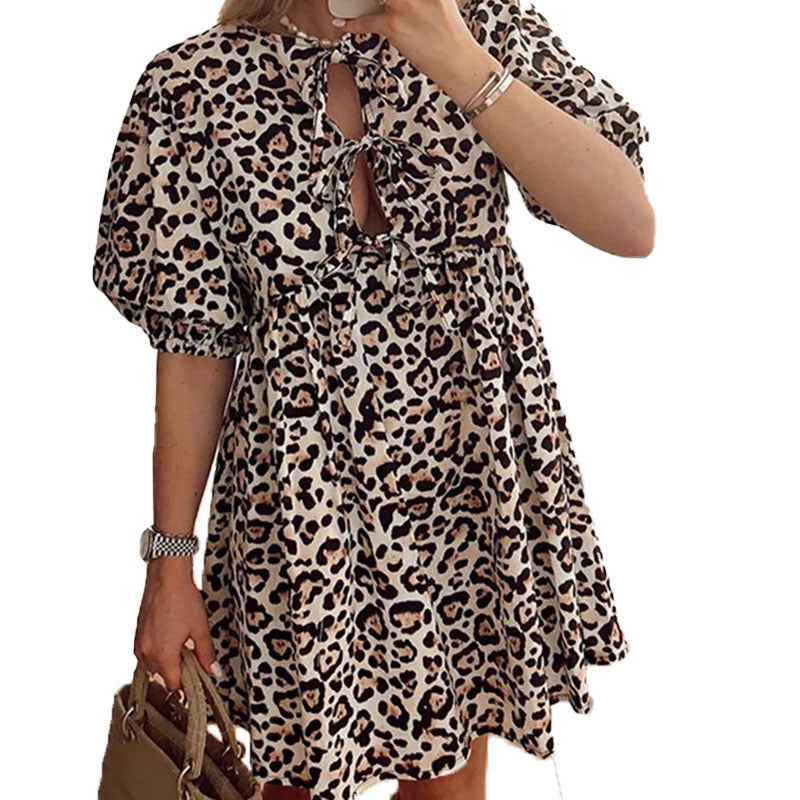 2025 Cross-border European and American Summer Women's Fashion Lace-up Leopard Print Crew Neck Loose Short Skirt Casual Dress Women 661