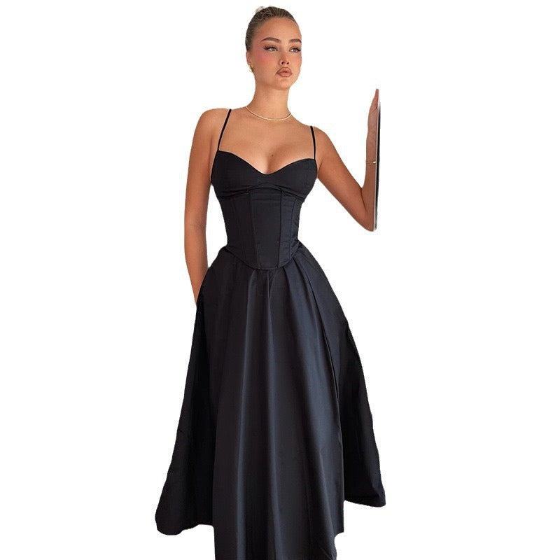 Cross-border Amazon European and American women's autumn and winter new temperament solid color fishbone waist sexy suspender swing dress