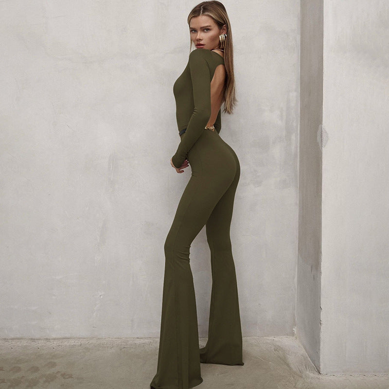 Cross-border Amazon European and American women's autumn new temperament solid color long sleeve slim body open back bootcut jumpsuit - view 7 | Ciaura