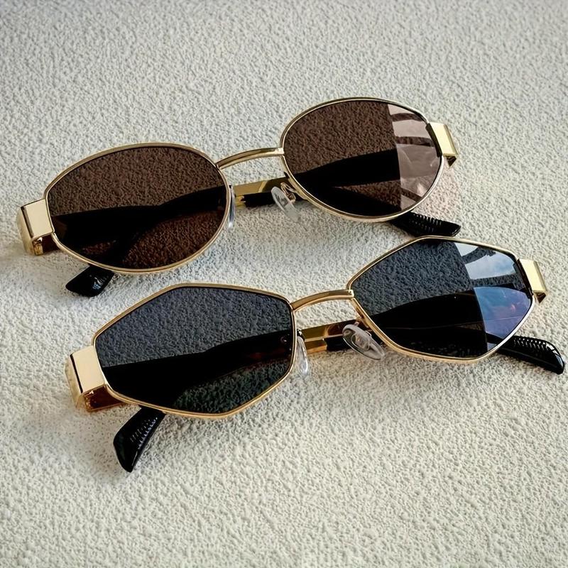 2 sets of oval metal small frame sunglasses for women, sophisticated fashion street style sunshade glasses paired with trendy sunglasses