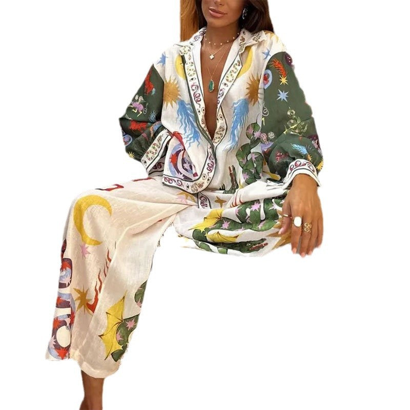 Spring 2026 new cross-border European and American clothing temperament fashionable loose printed shirt wide-leg pants suit for women