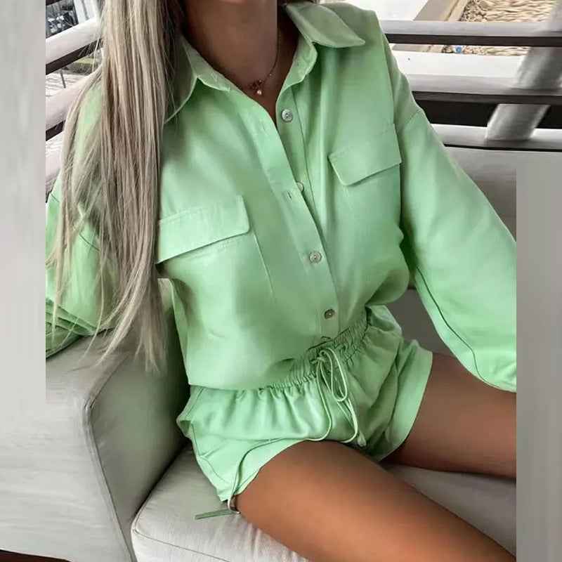 2025 summer new cross-border European and American fashion casual sports simple style solid color top shorts two-piece set 661