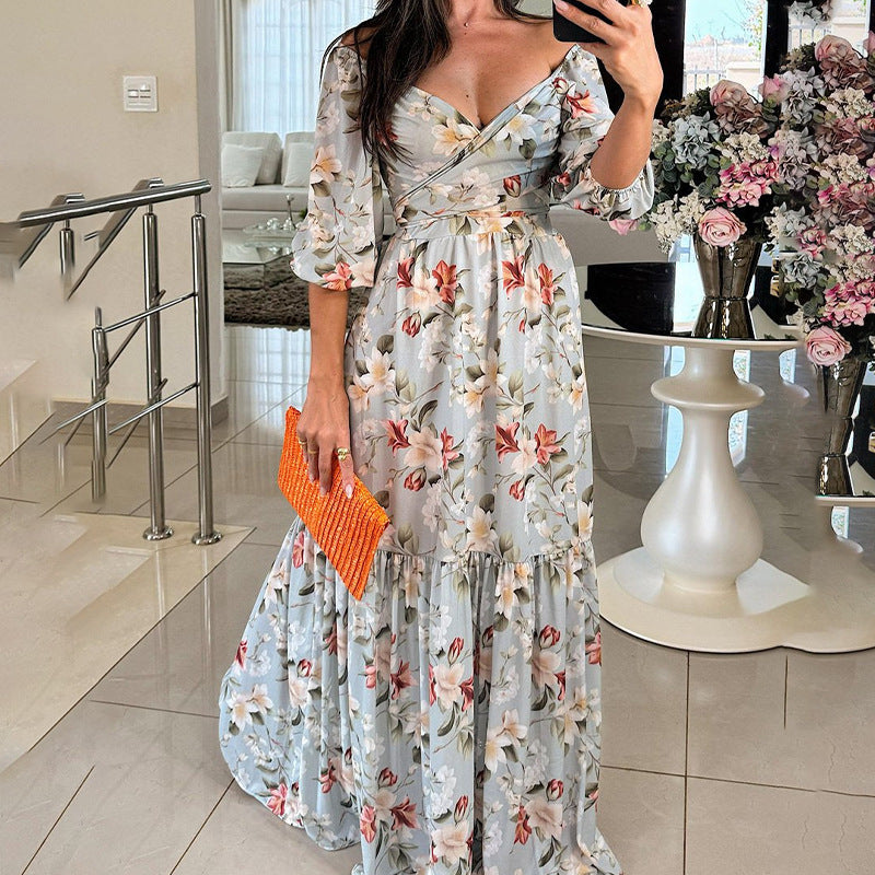 Amazon 2026 New European Beauty Foreign Trade Elegant Fashion Temperament Printed Lace-up V-Neck Large Swing Dress Women