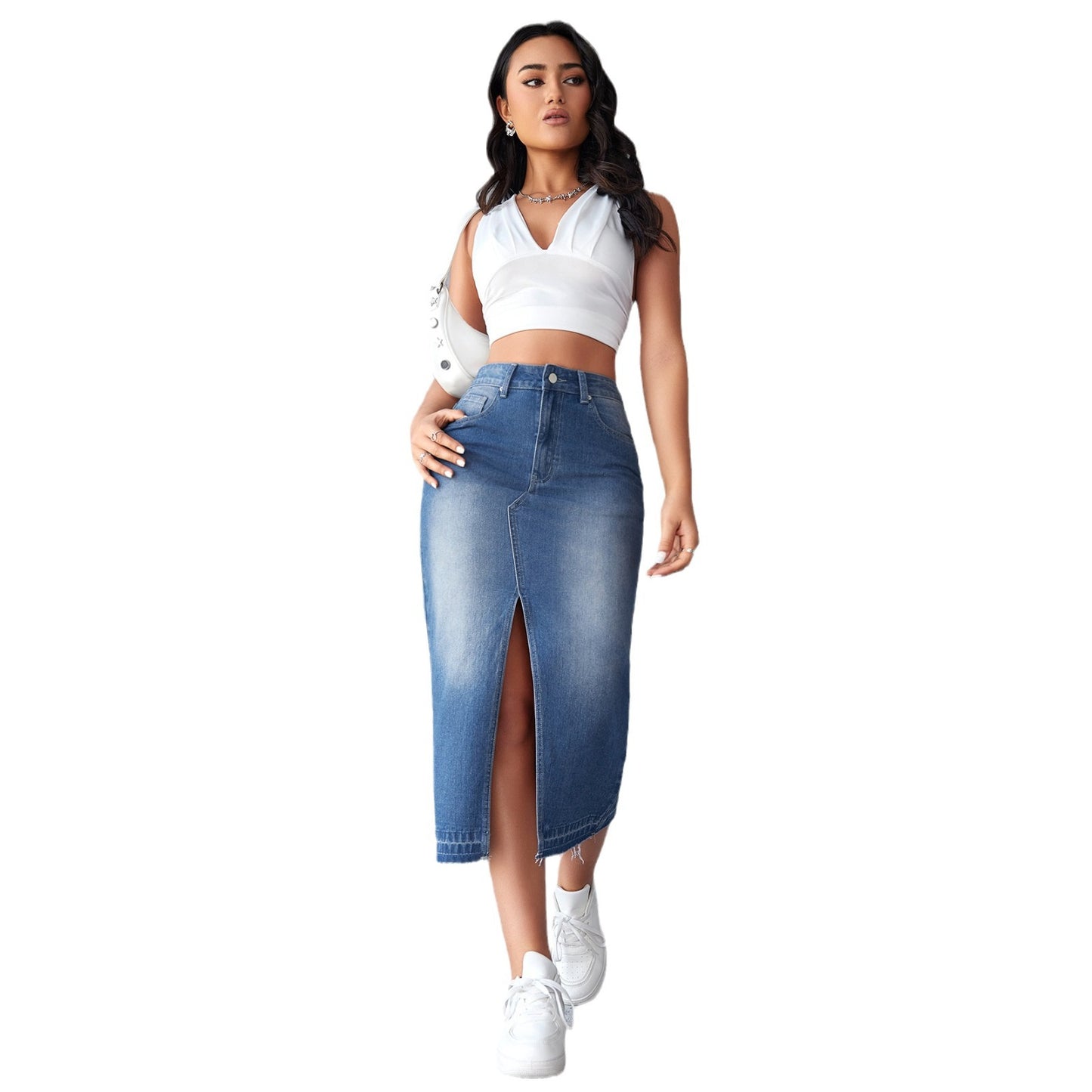 Spot factory direct sales Europe and the United States cross-border blue denim skirt skirt women's slit hip A-line skirt slim long skirt