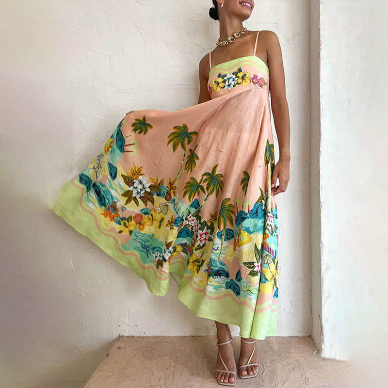 2026 AliExpress Spring European Beauty Clothing New Temperament Elegant High-Waisted Printed Suspender Casual Fashion Dress