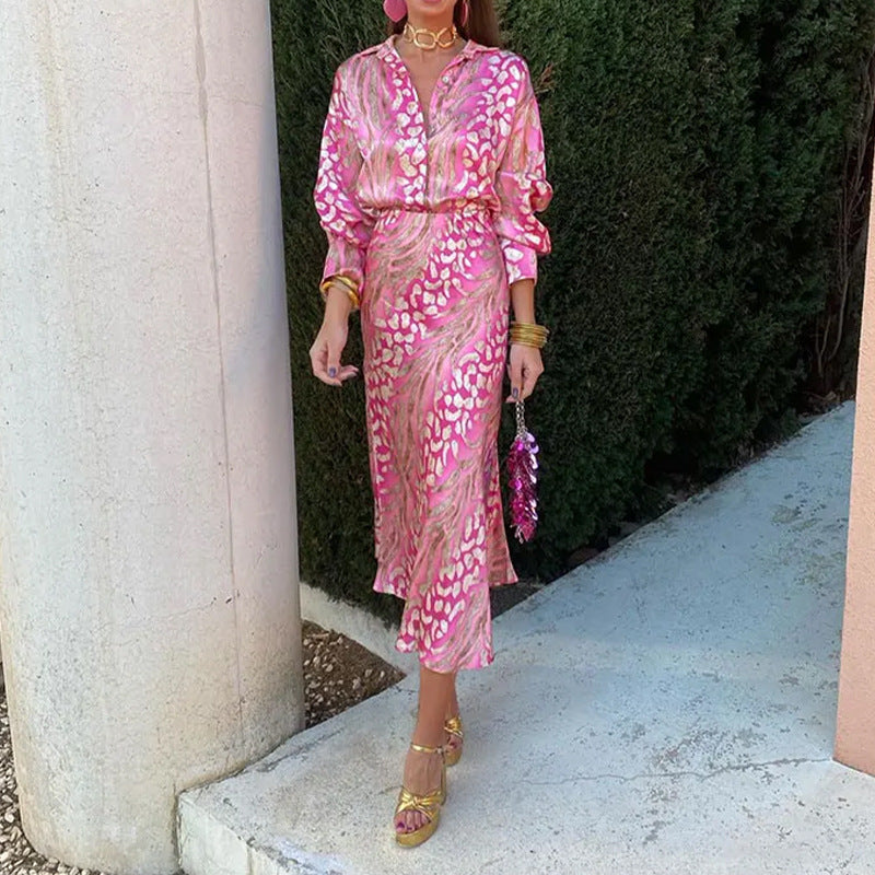 European and American Summer Cross-border New Elegant Printed Lapel Long Sleeve Shirt High Waist Skirt Fashion Set for Summer 2025