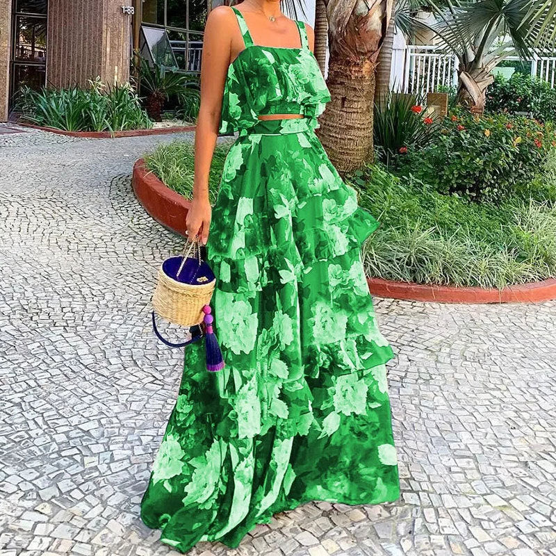 Conjunto de duas peças com top de alças e saia comprida, estilo resort de praia, com estampado europeu e americano, novidade de 2026.