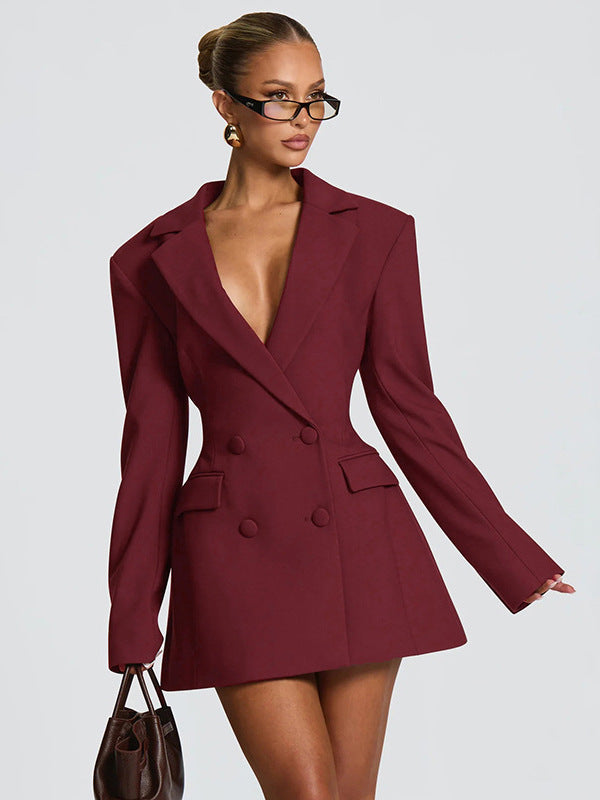 European and American autumn and winter new cross-border women's fashion solid color deep V-neck waist fake pocket temperament suit dress for women