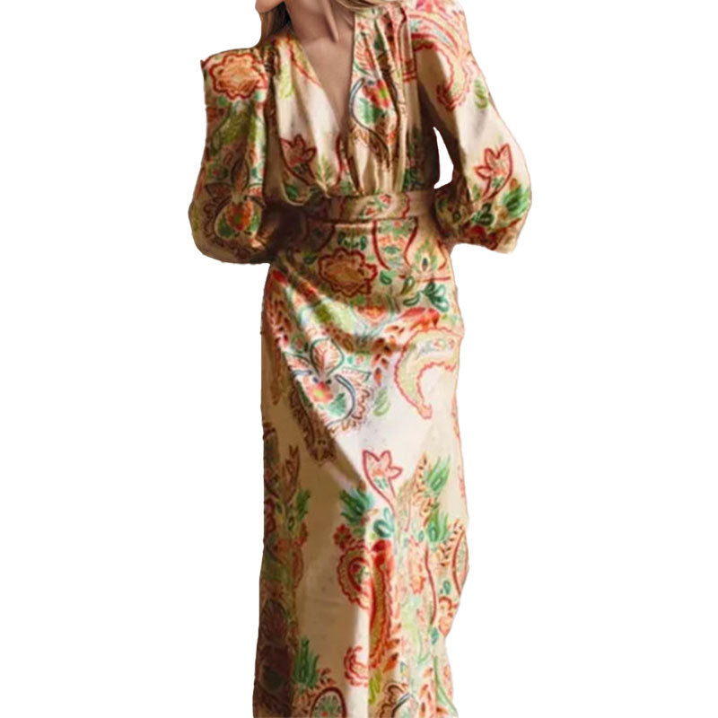 2025 spring new European and American women's clothing ethnic style V-neck long sleeves waist slimming design sense A-line skirt dress for women