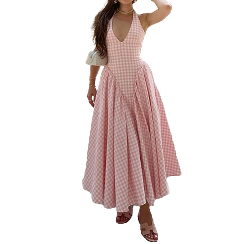 Amazon Spring 2025 European and American Women's Elegant Open Waist Halterneck V-Neck Pressed Pleated Waist French Dress 661