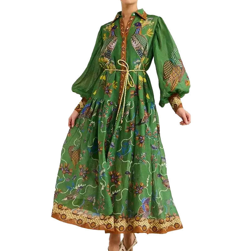 2026 spring new cross-border Amazon European and American clothing printed cardigan printed large swing long sleeve dress for women