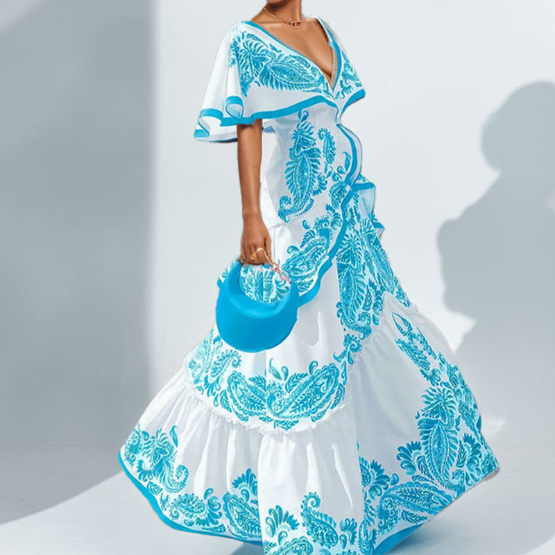 Spring 2026 new cross-border European and American clothing temperament elegant printed V-neck dress ruffled large swing dress