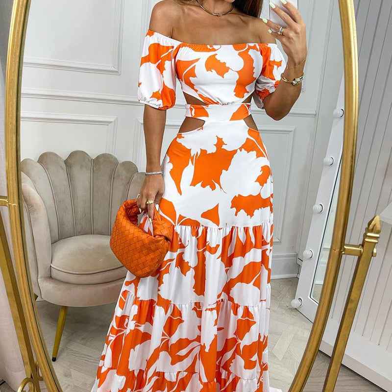 2026 Amazon cross-border foreign trade European and American fashion personality one-line collar printed waistless European and American dress women