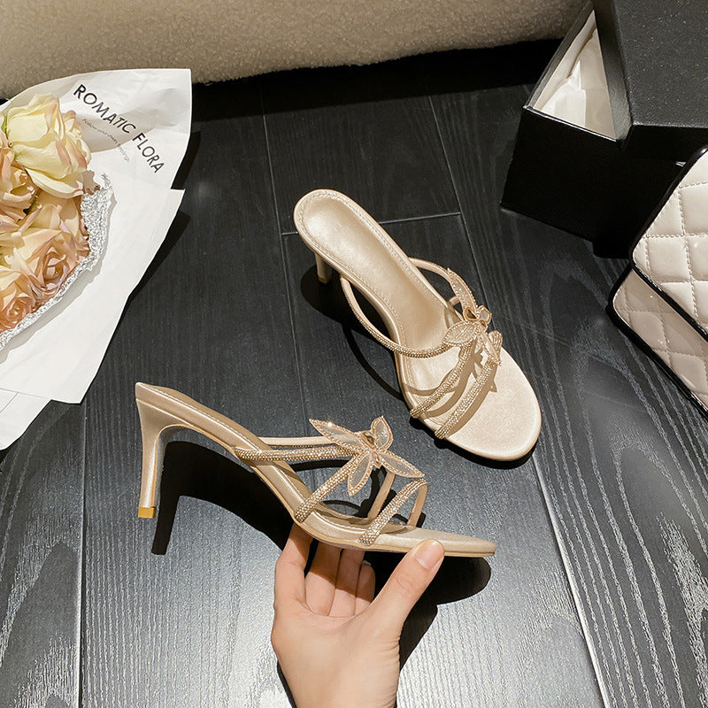 WO Huizhou City 2026 Summer European and American fashion round toe, thin heel and thick heel, rhinestone bow, versatile slipper girl