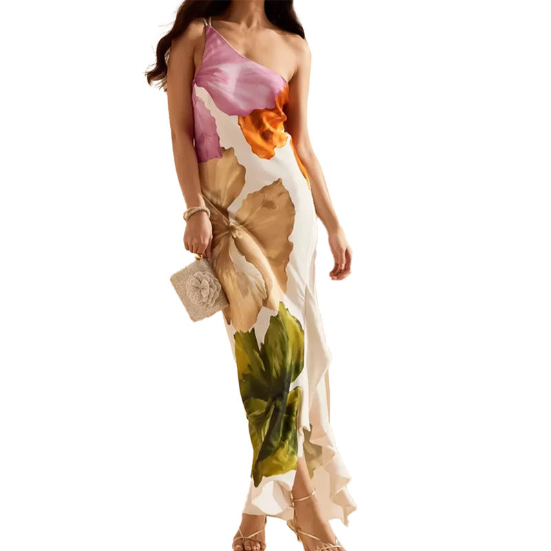 AliExpress Spring Fashion New European and American Cross-border Women's Elegant Temperament Sleeveless One Shoulder Suspender Print Dress