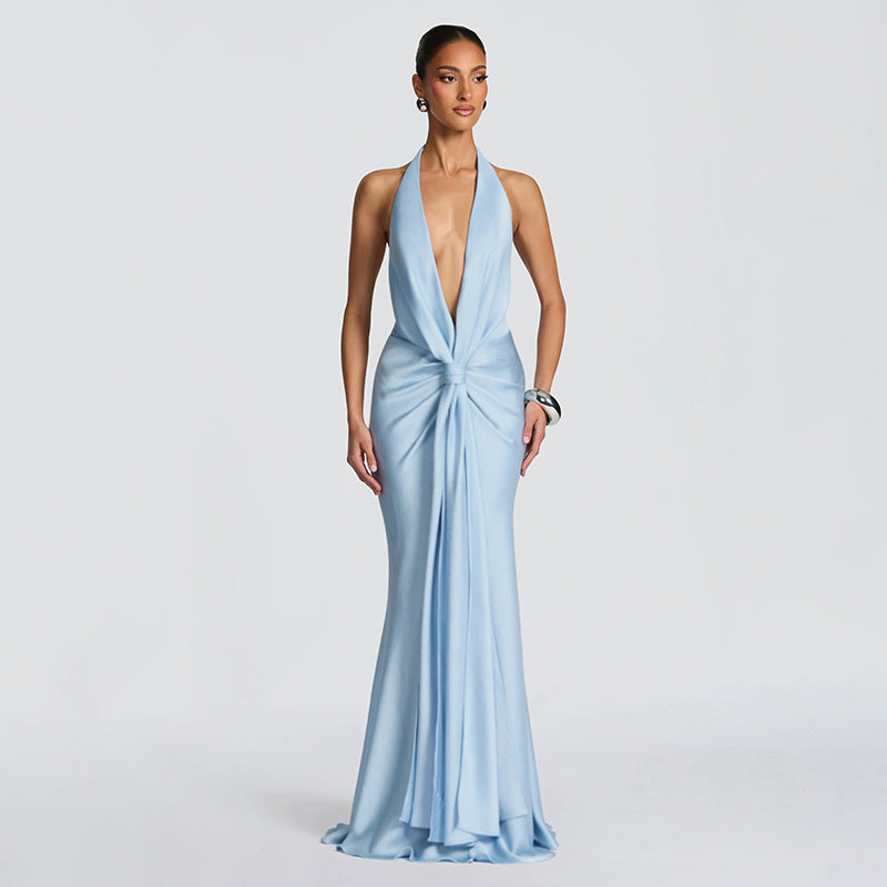 Foreign trade new European and beautiful women's clothing sexy deep V-neck halterneck open back pleated streamer slim fit hip wrap dress dress