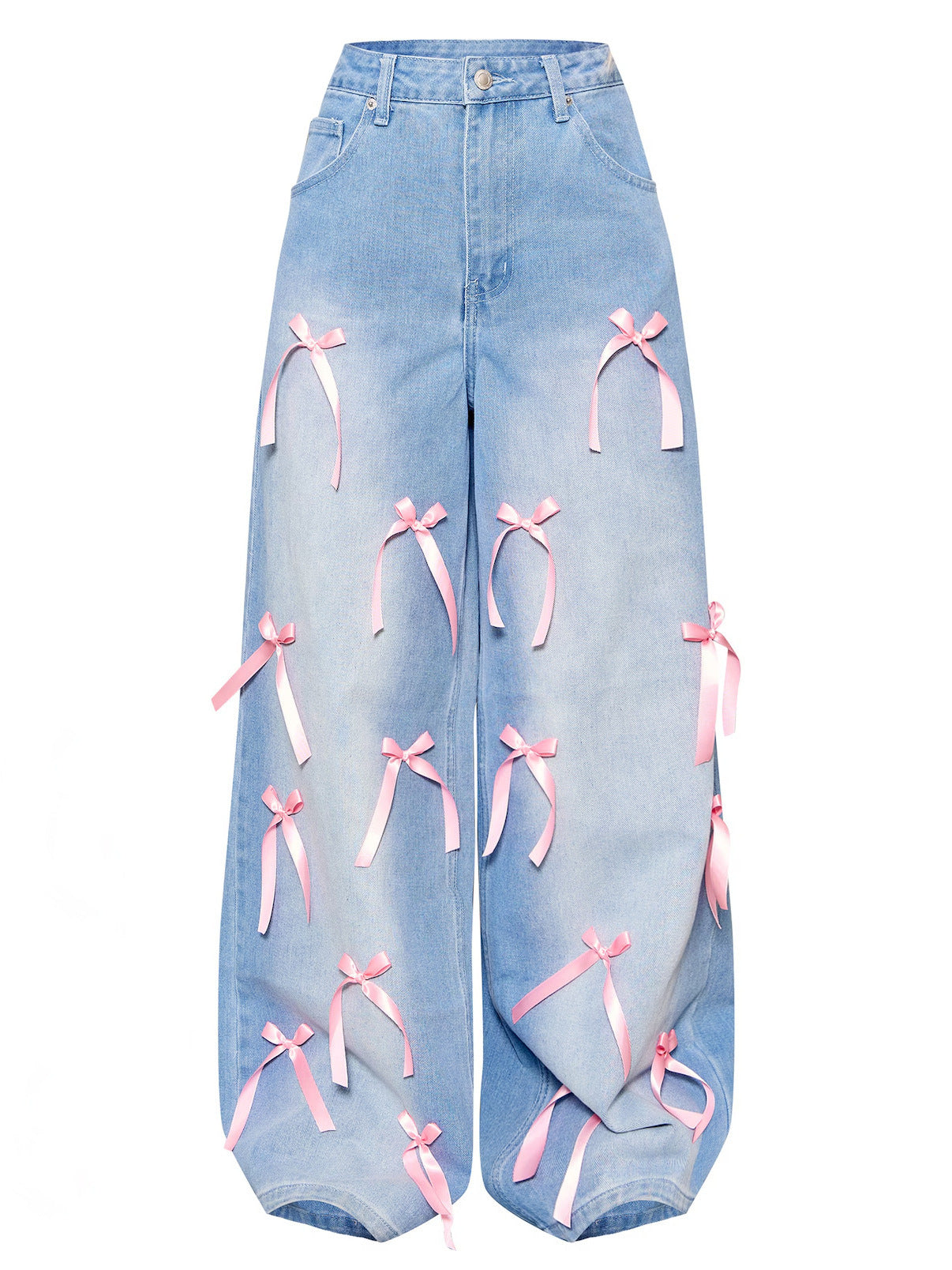 European and American cross-border high-waisted bow collage floor-length wide-leg jeans street distressed loose denim trousers women's style