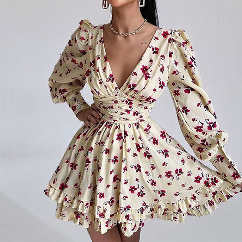 Spring 2026 New Amazon European and American Fashion Printed Long Sleeve Pleated Short Skirt Sexy Backless Dress