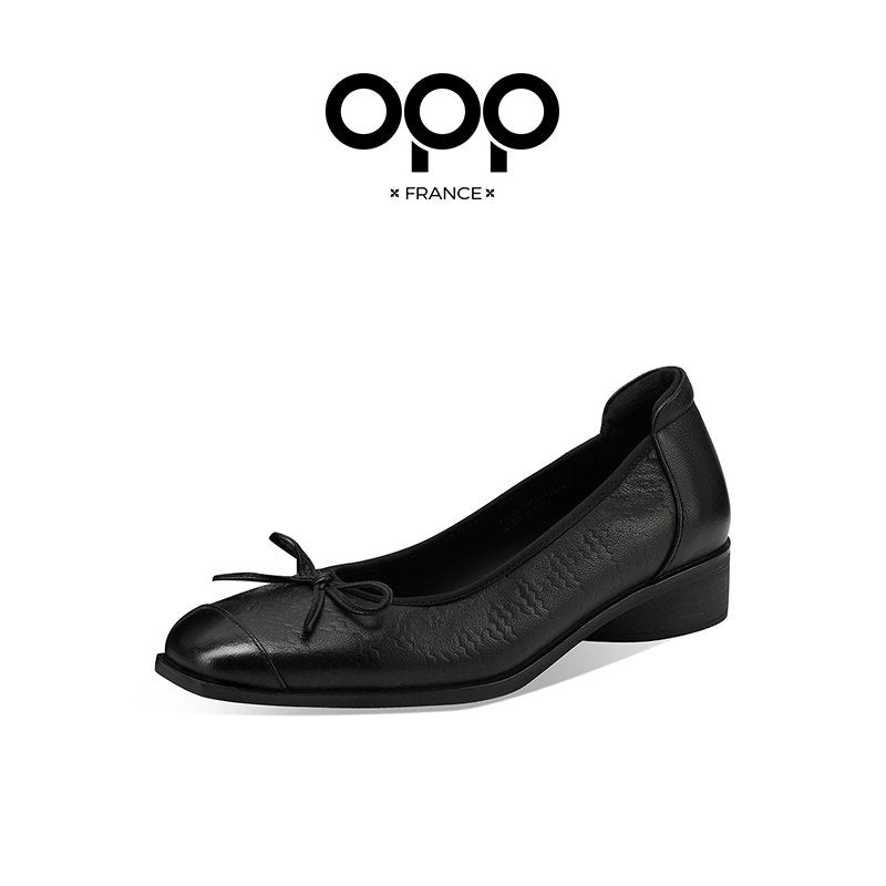 OPP Half Curved French Vintage Mary Jane Shoes Women's 2025 New Bow Spools Thick Heel Medium Heel Women's Shoes