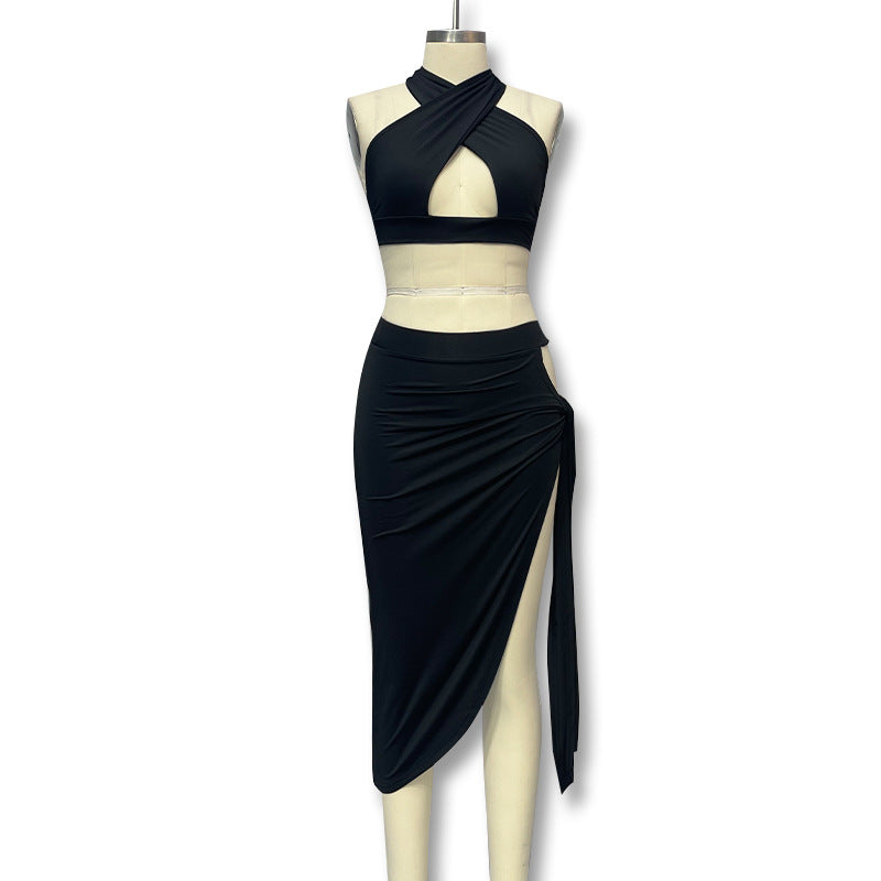 European and American cross-border foreign trade women's two-piece set sexy hollow design halter neck vest slit skirt set