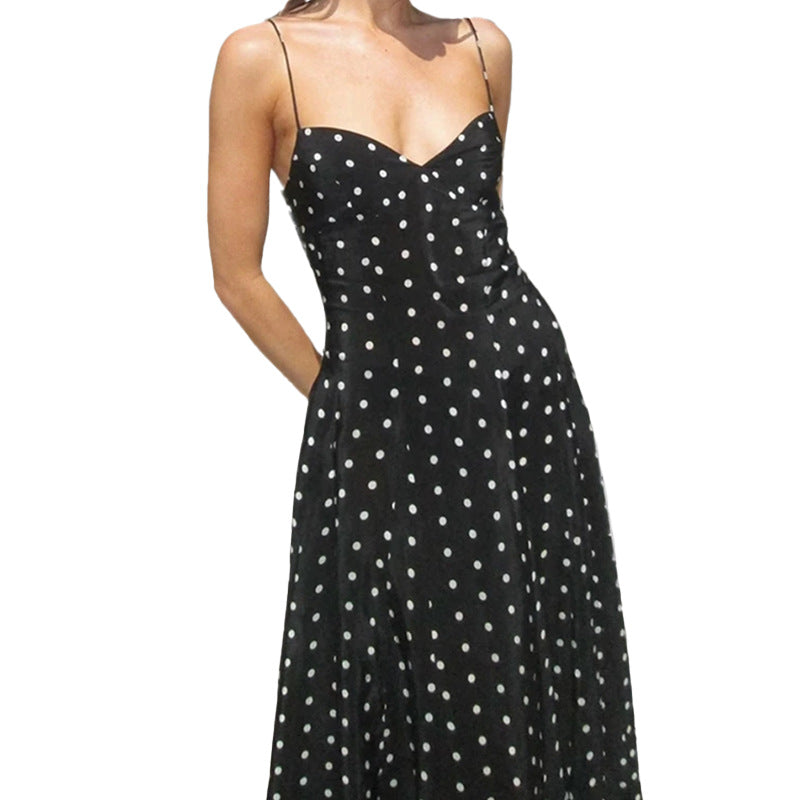 Spring 2025 cross-border European and beautiful clothing temperament elegant casual polka dot print spaghetti shoulder slip party dress