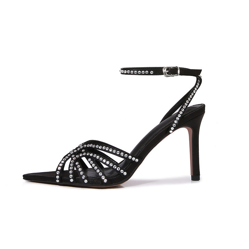 Spring 2026 European and American style satin stiletto pointed toe women's sandals sexy high heels open toe fashion versatile women's shoes