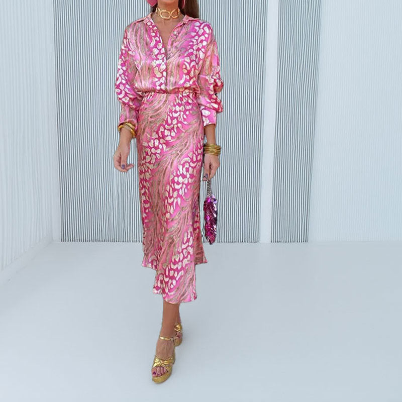 Cross-border spring 2026 new cross-border women's clothing print elegant lapel long sleeve shirt high-waisted skirt fashion suit for women