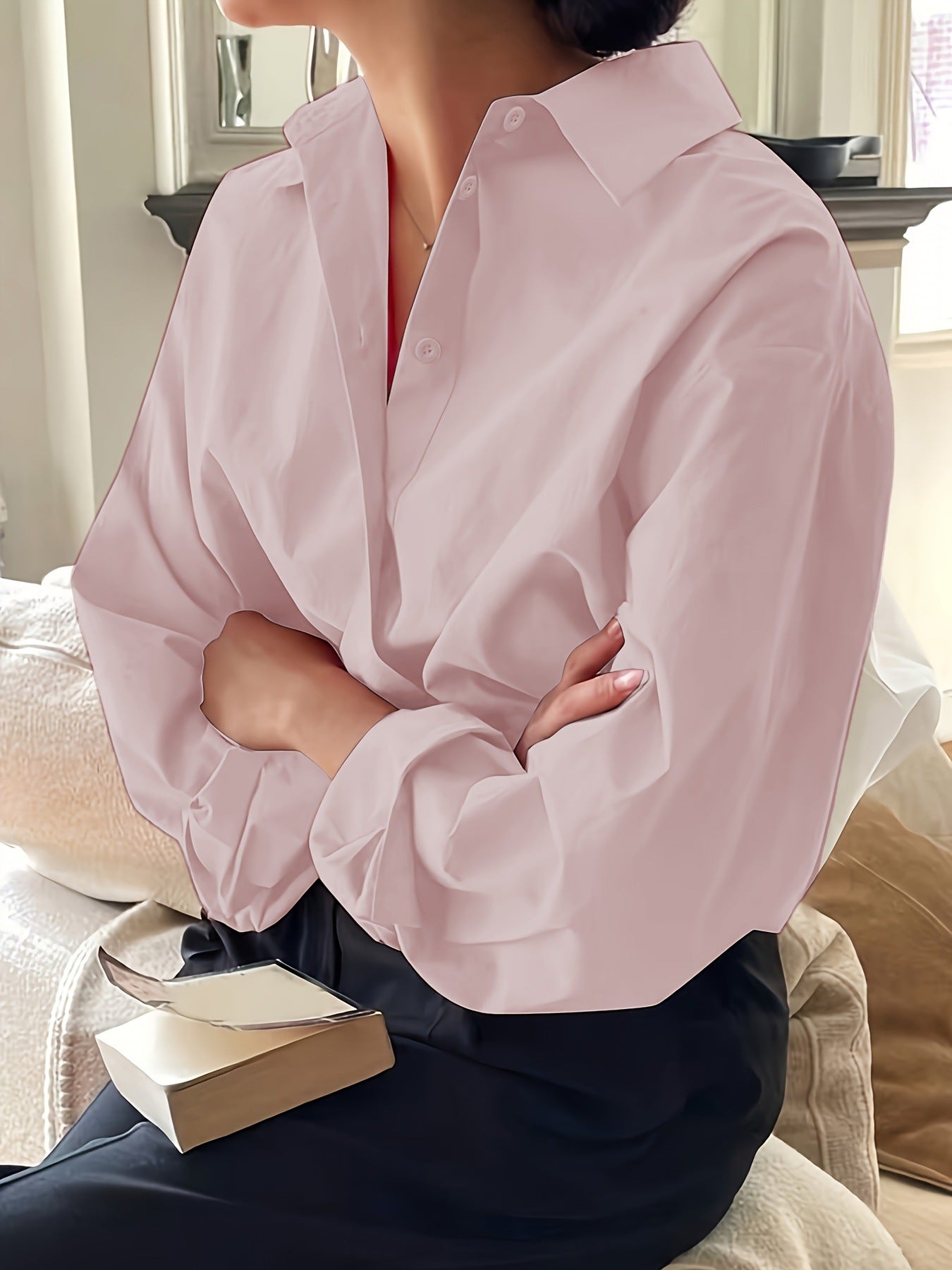 European and American cross-border plus-size women's new long-sleeve minimalist shirt, cotton poplin lapel, versatile loose fit for commuting