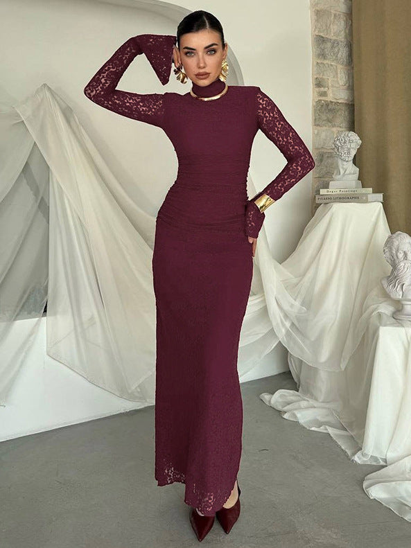 Foreign trade autumn and winter new European beauty clothing temperament solid color semi-turtleneck flared sleeves slim hip wrap lace dress for women