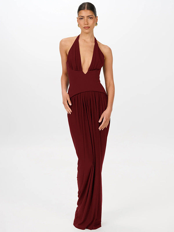 Foreign trade European beauty clothing autumn and winter new fashion solid color sleeveless pleated waist sexy deep V halterneck dress for women