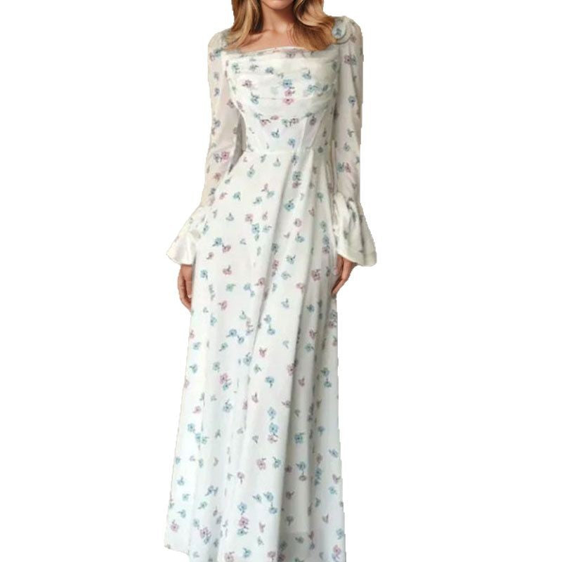 Cross-border spring 2026 European and beautiful clothing temperament elegant floral pleated fairy waist flared sleeve women's fluttering dress