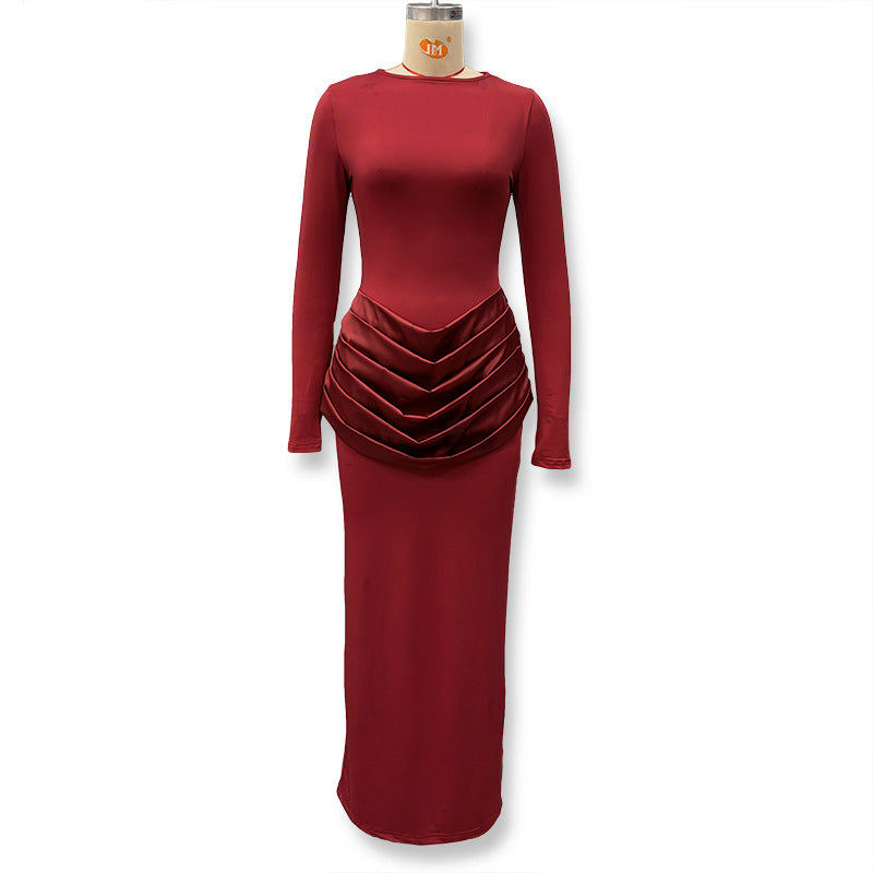 Vestido comprido plissado de manga comprida, corte justo e trespassado, em tom sólido, com pregas, para mulher, ideal para o outono e inverno. Confecionado em estilo europeu, elegante e moderno, perfeito para celebridades.