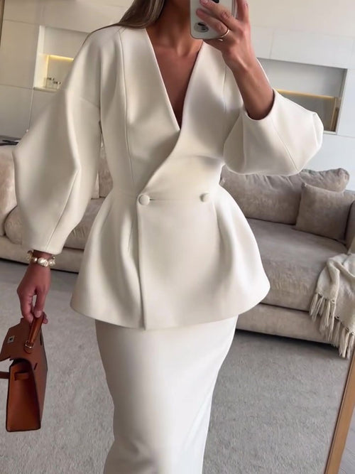 EclatChic Ruffled V-Neck Coat and Skirt Set for Women, Elegant Two-Piece Outfit