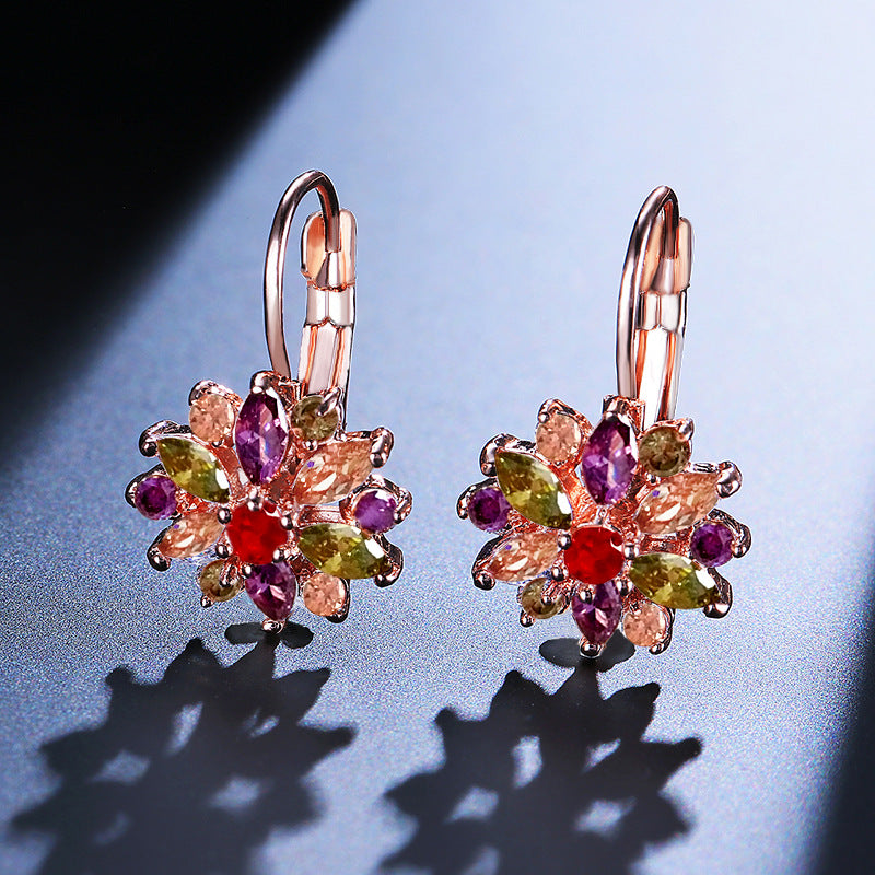 RAKOL European and American Fashion Classic Geometric Floral Colorful Zircon Earrings for Women, Personalized Simple Versatile Earrings and Studs