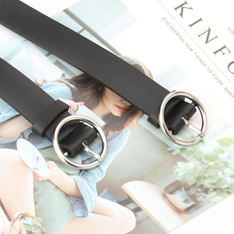 Women's belt student jeans belt black classic versatile alloy white K round buckle decorative belt one piece drop shipping