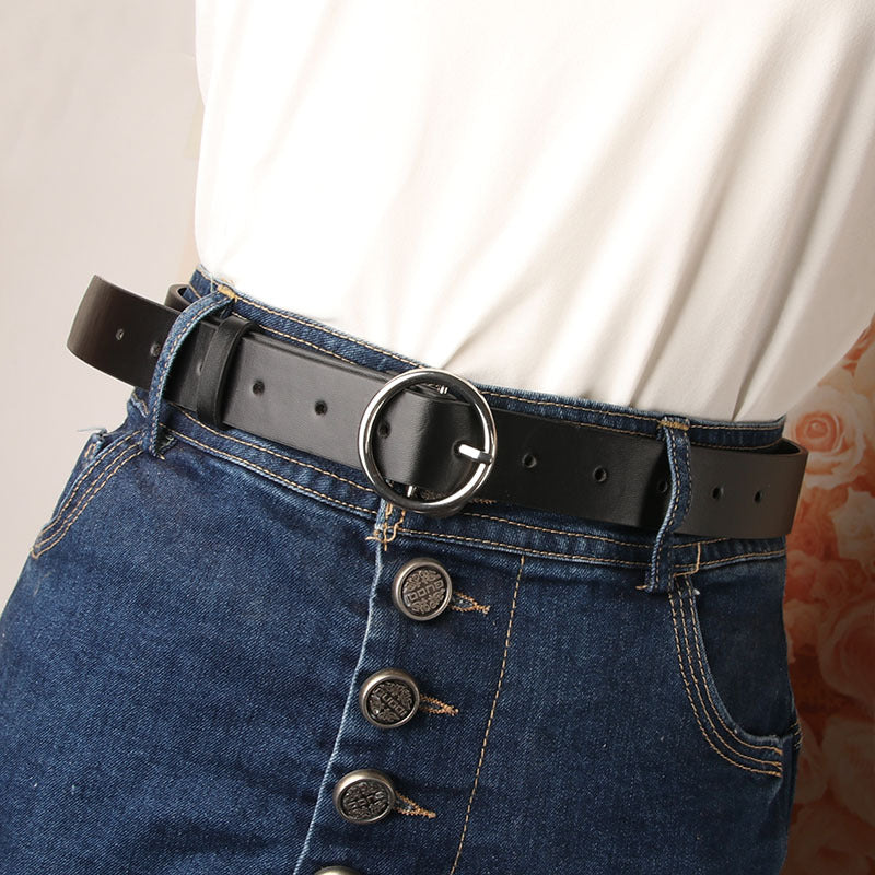 Women's belt student jeans belt black classic versatile alloy white K round buckle decorative belt one piece drop shipping