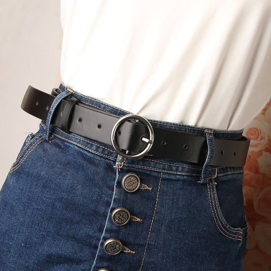 Women's belt student jeans belt black classic versatile alloy white K round buckle decorative belt one piece drop shipping
