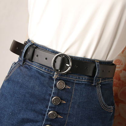 Women's belt student jeans belt black classic versatile alloy white K round buckle decorative belt one piece drop shipping