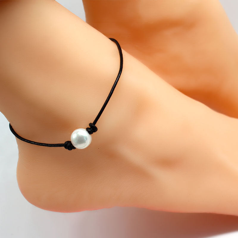 Cross-border accessories European and American fashion leather rope pearl anklets Beach fashion new women's foot accessories