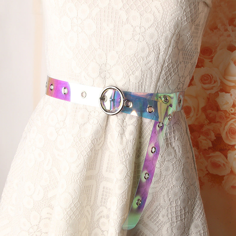 Women's belt, plastic dazzling transparent air eye belt, Korean round buckle, versatile student jeans, dress decorative belt