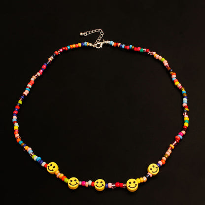 European and American cross-border jewelry, hand-threaded rice beads, smiley face necklace, women's fashion trend, short necklace, clavicle chain