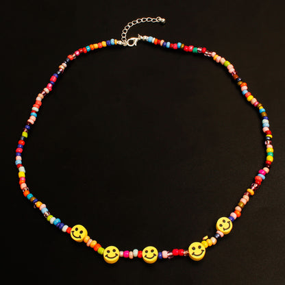 European and American cross-border jewelry, hand-threaded rice beads, smiley face necklace, women's fashion trend, short necklace, clavicle chain